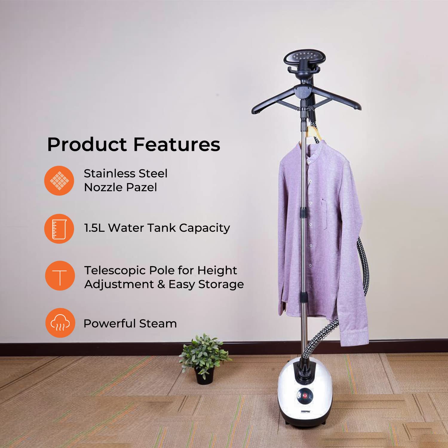 Geepas 1580 W Garment Steamer, 1.8L Water Tank, White/Black جهاز كي بالبخار عمودي للملابس من جيباس، قدرة 1580 واط Geepas 1580 W Garment Steamer, 1.8L Water Tank, White/Black جهاز كي بالبخار عمودي للملابس من جيباس، قدرة 1580 واط
